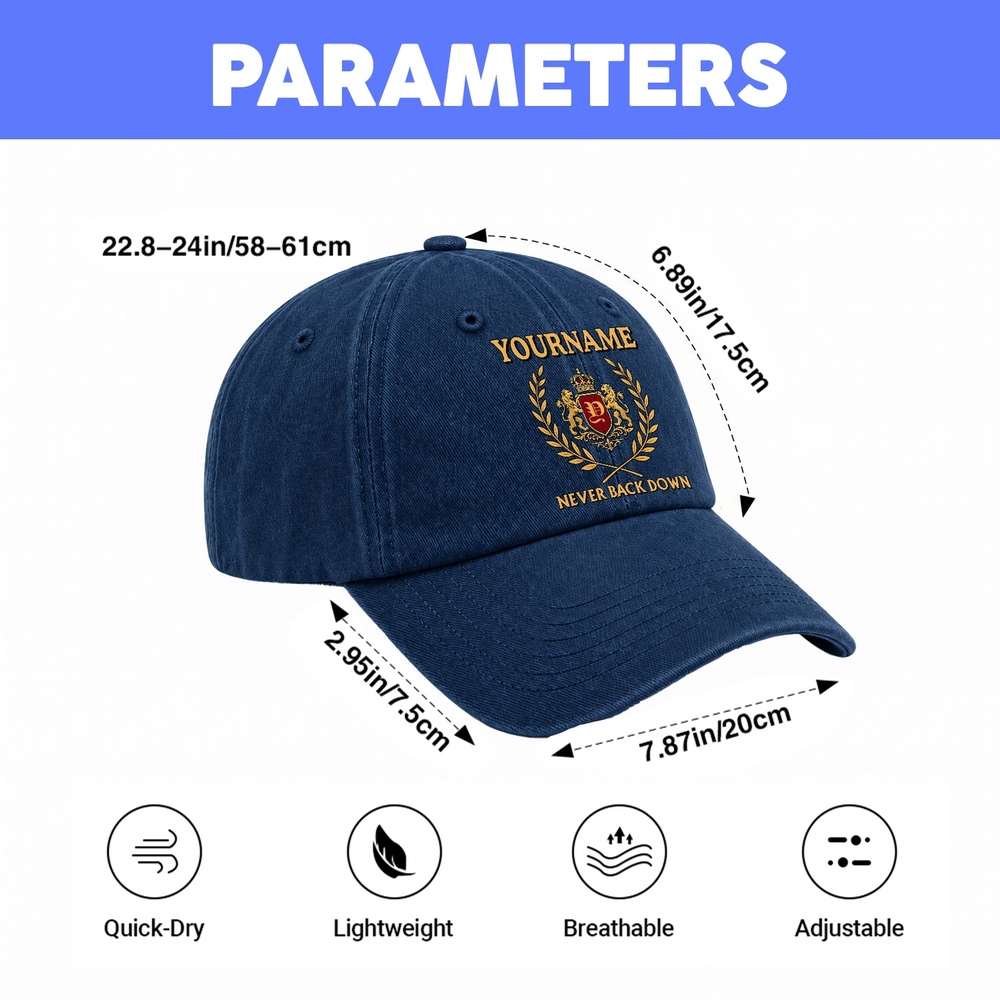 Never Back Down Denim Cap C60PF - Personalized Name Hat