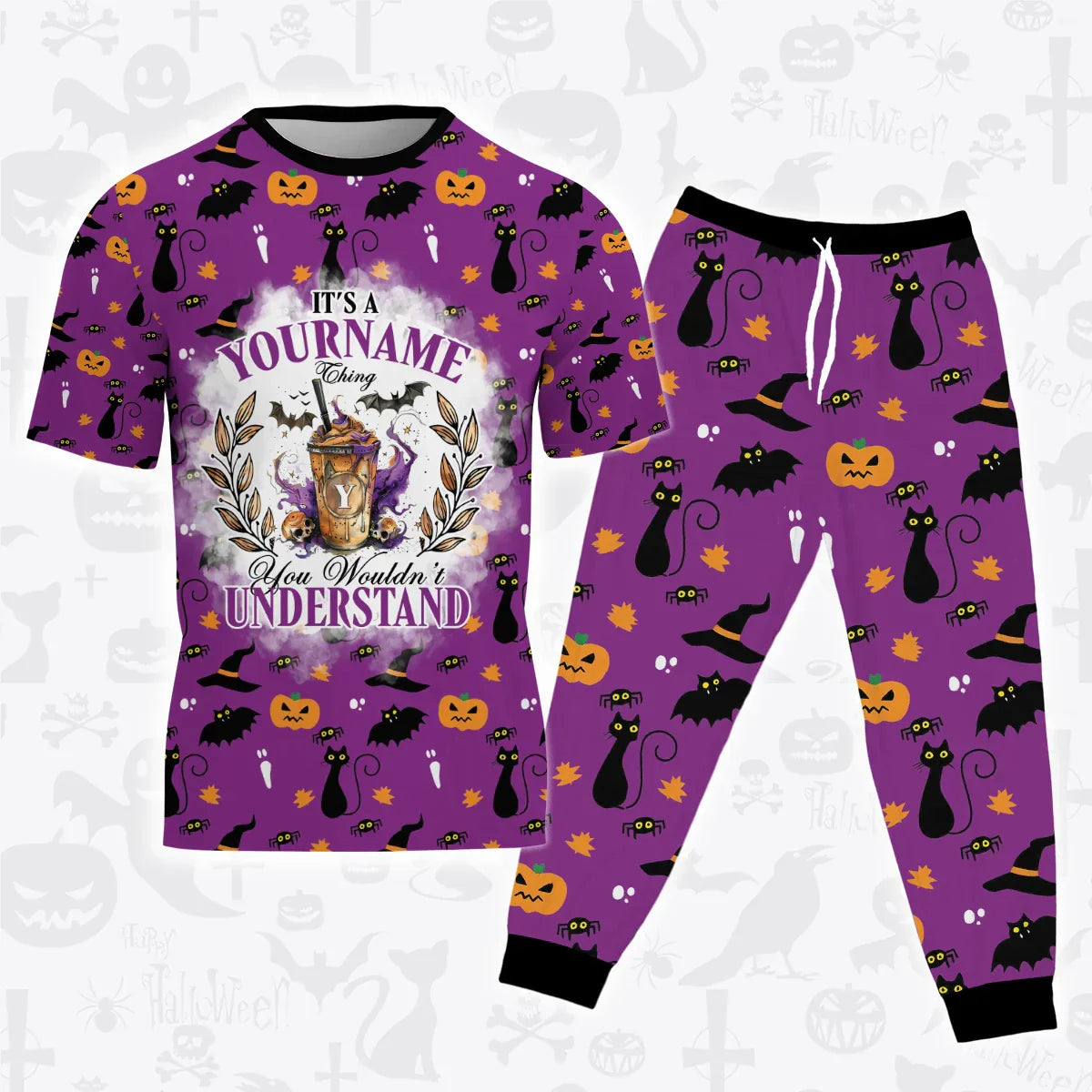 Custom Halloween Pajamas Set Tshirt & Pants Horror Skull Pumpkin HL2
