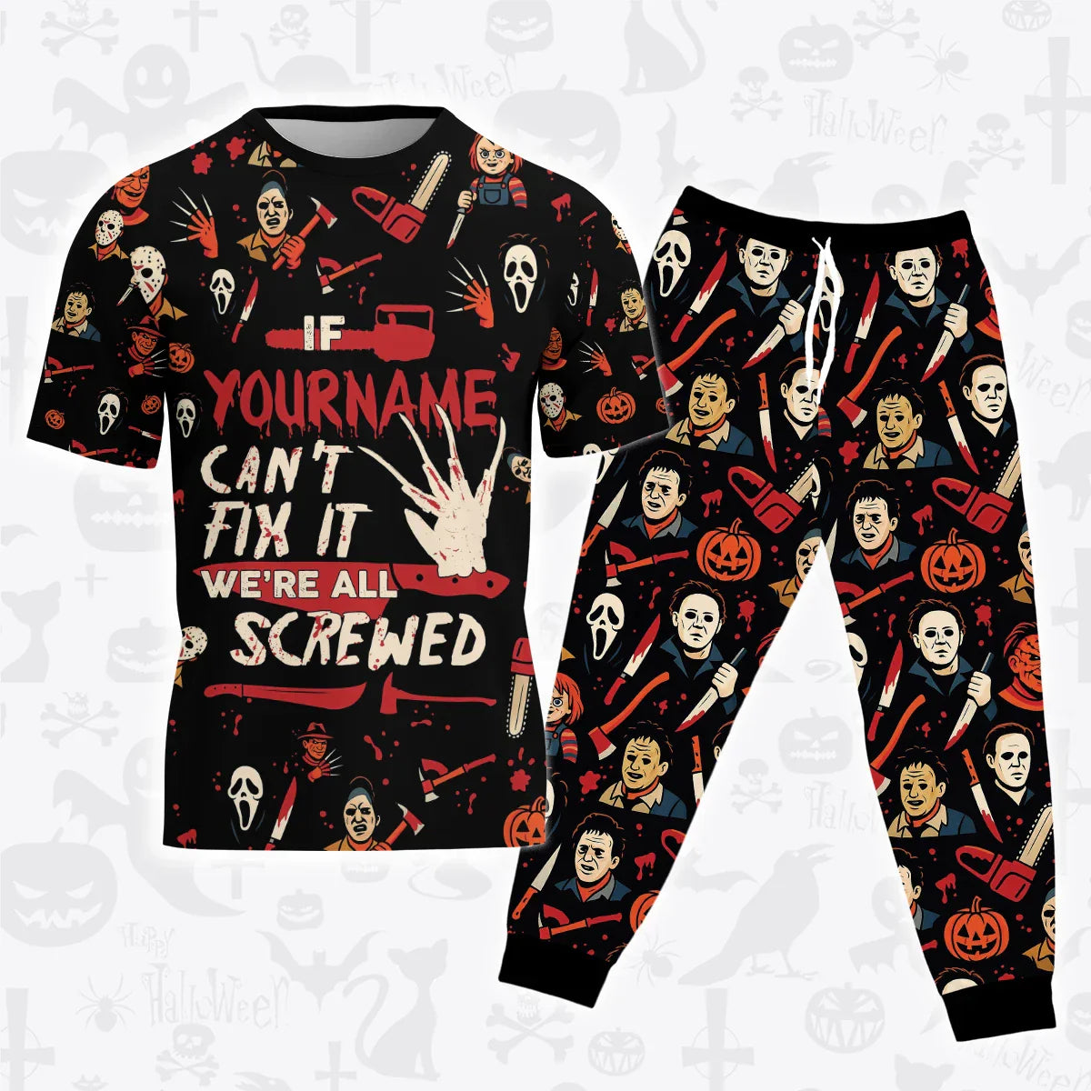 Custom Halloween Pajamas Set Tshirt & Pants Horror Skull Pumpkin HL1