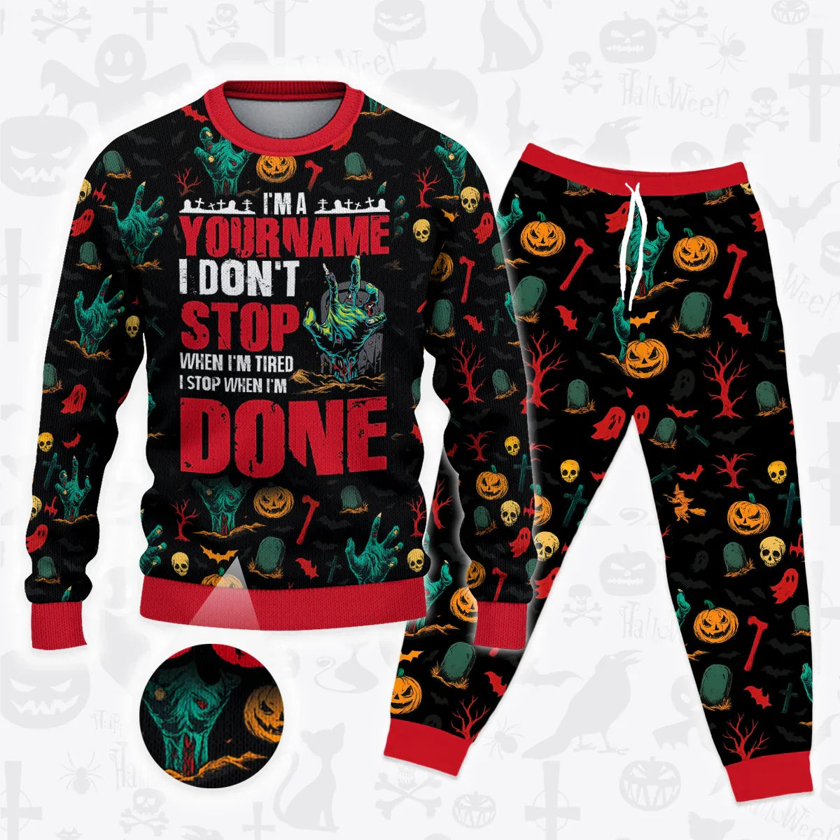 Custom Horror Halloween Pajamas Set Cozy Sweater & Pants Sleepwear HL3