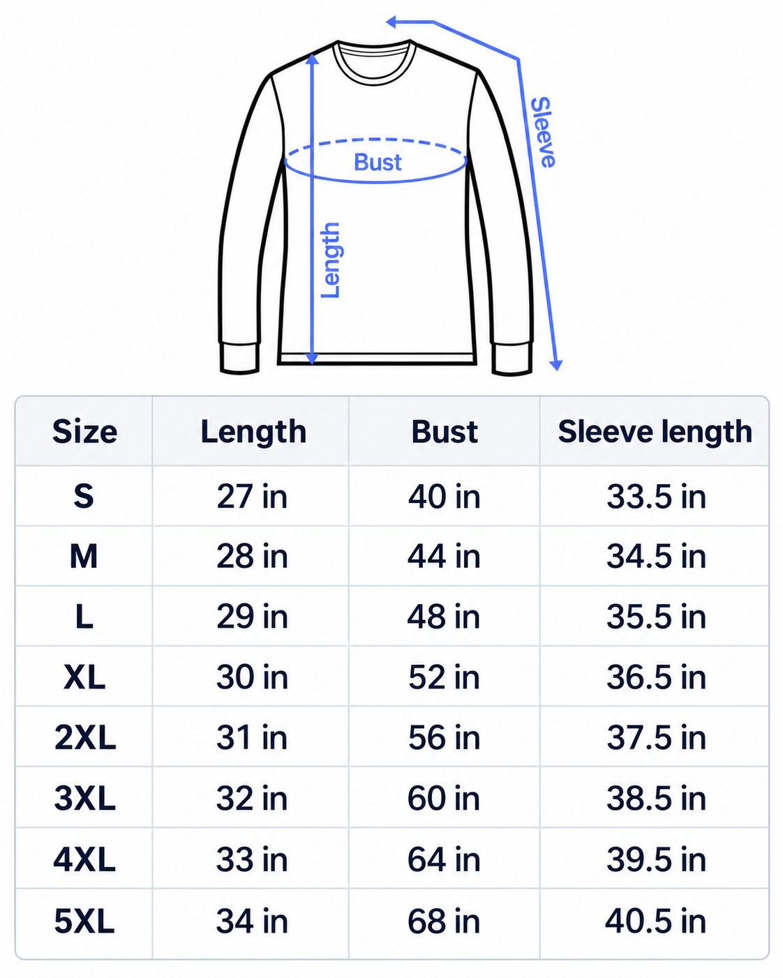 Unisex Sweatshirt size chart