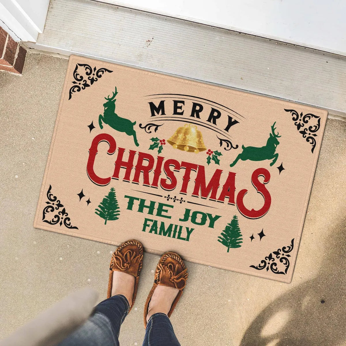 JOY Family Merry Christmas Doormat – Personalized Holiday Welcome Mat