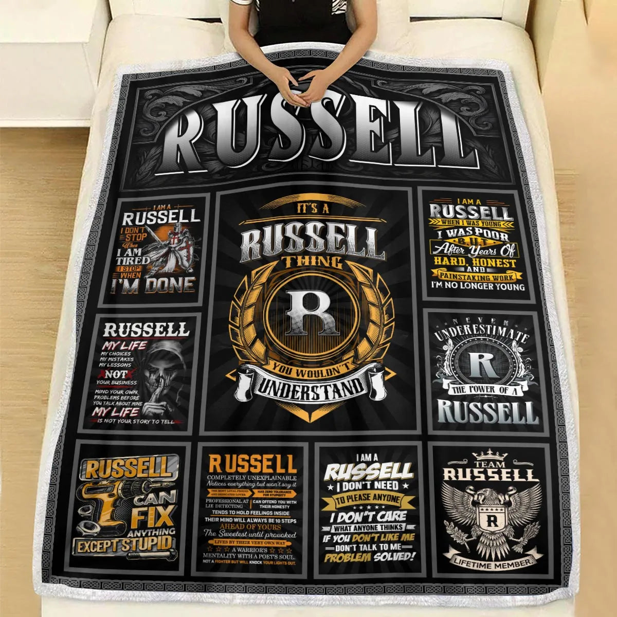 RUSSELL Personalized Blanket | Custom Name Cozy Throw Gift 13K1-BK2