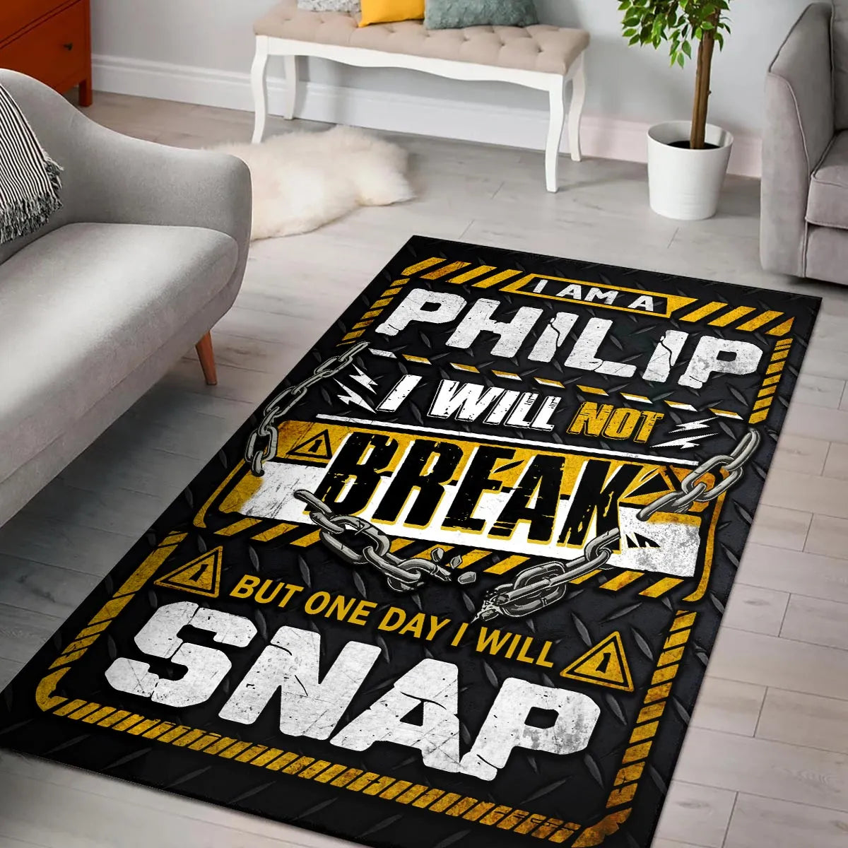 PHILIP Motivational Rug – Black & Yellow Quote Carpet for Living Room 13K1-AR1