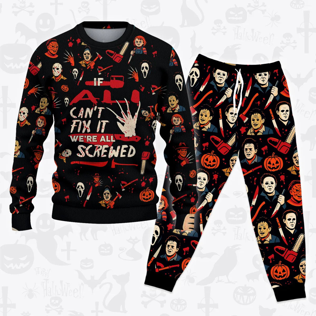 ALI Horror Halloween Pajamas Set Cozy Sweater & Pants Sleepwear 13K1-HL1