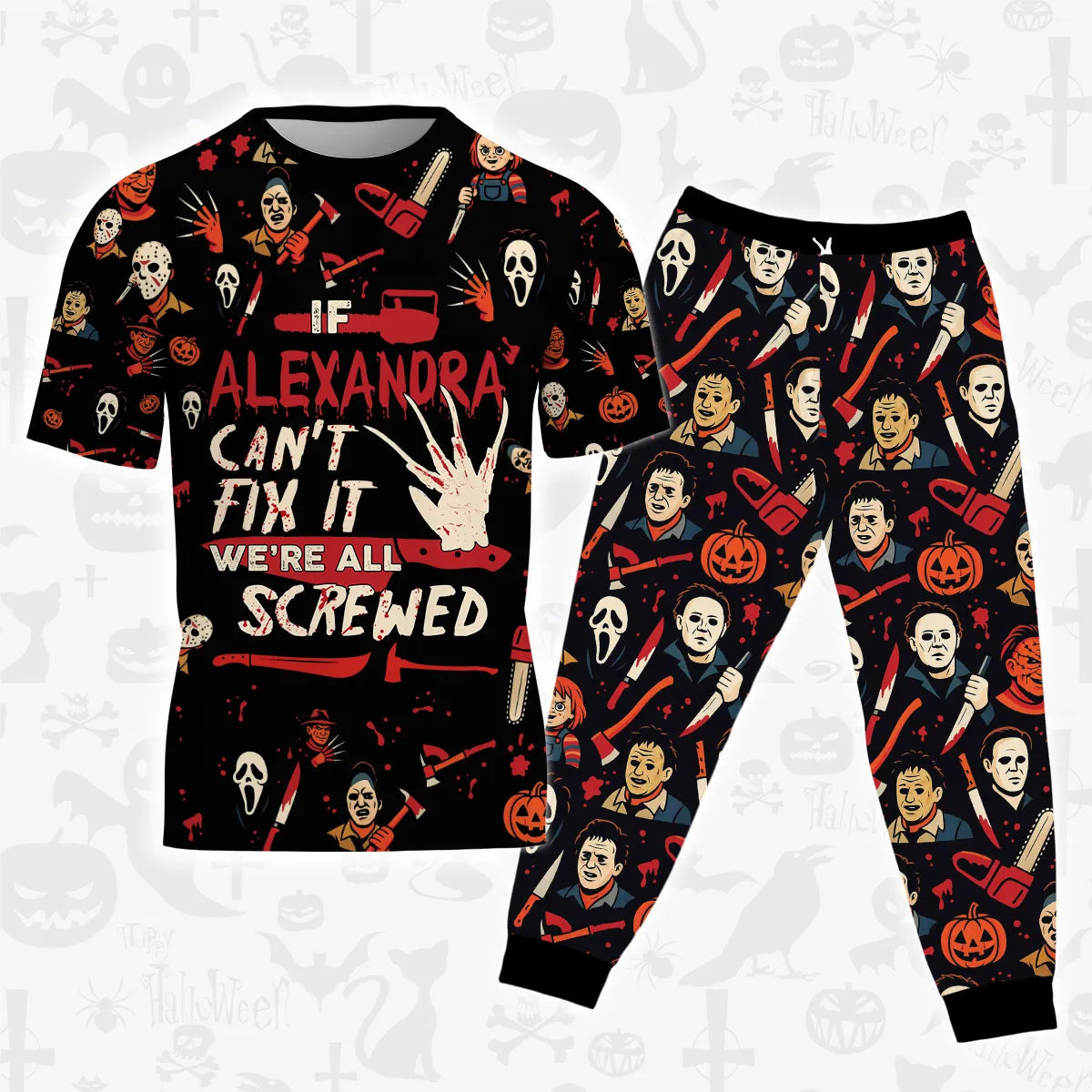 ALEXANDRA Horror Halloween Pajama Set Scary T-Shirt & Pants Sleepwear Costume 13K1-HL1