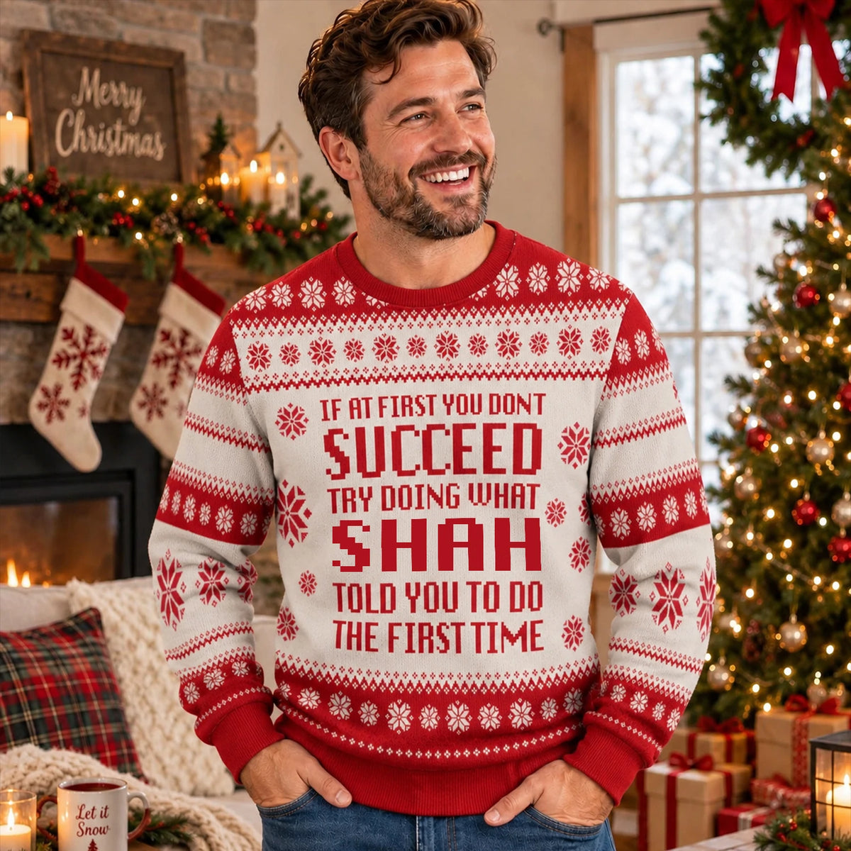 If At First You Don’t Succeed Red Cream Christmas Ugly Sweater SHAH 13K1 UG08