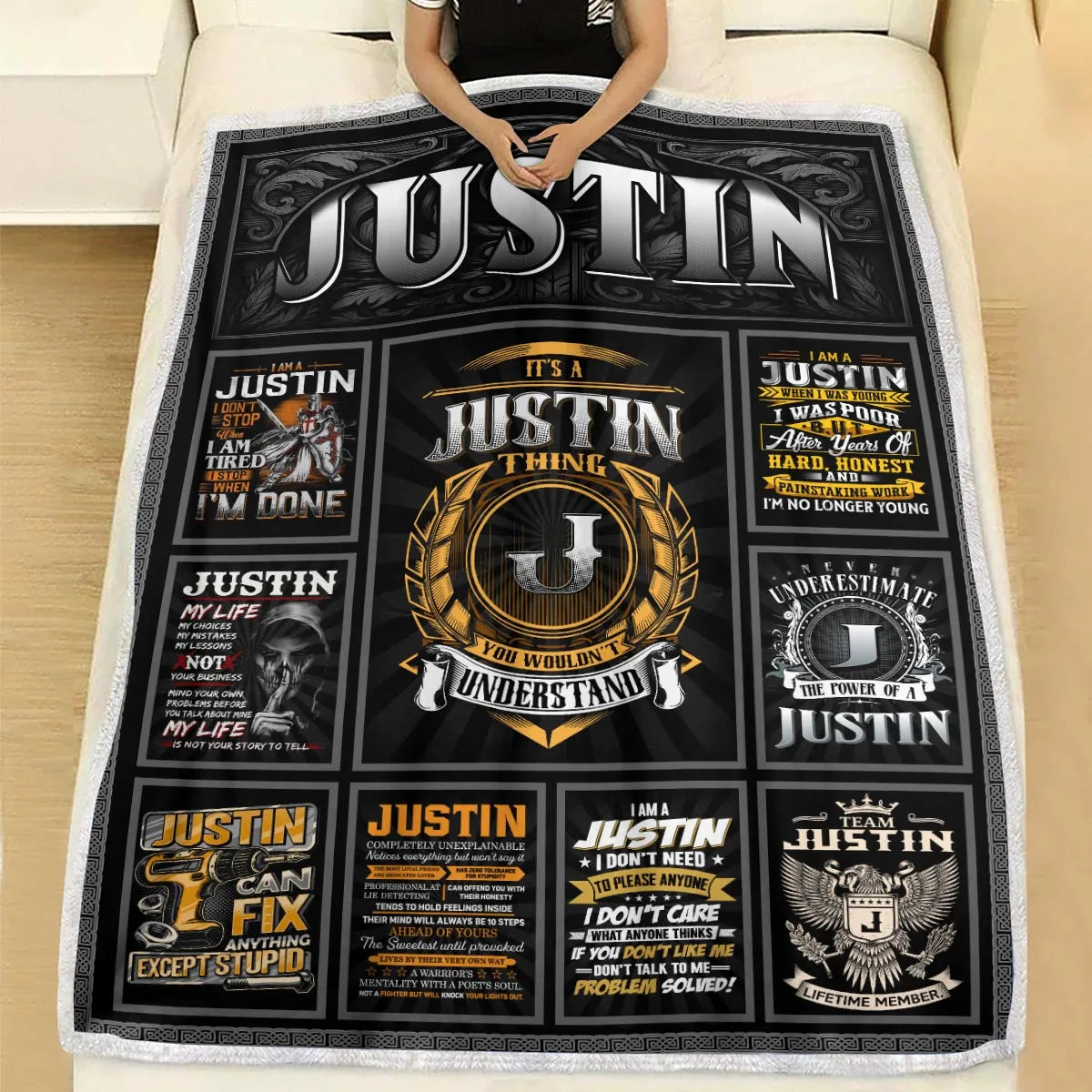 JUSTIN Personalized Blanket | Custom Name Cozy Throw Gift 13K1-BK2