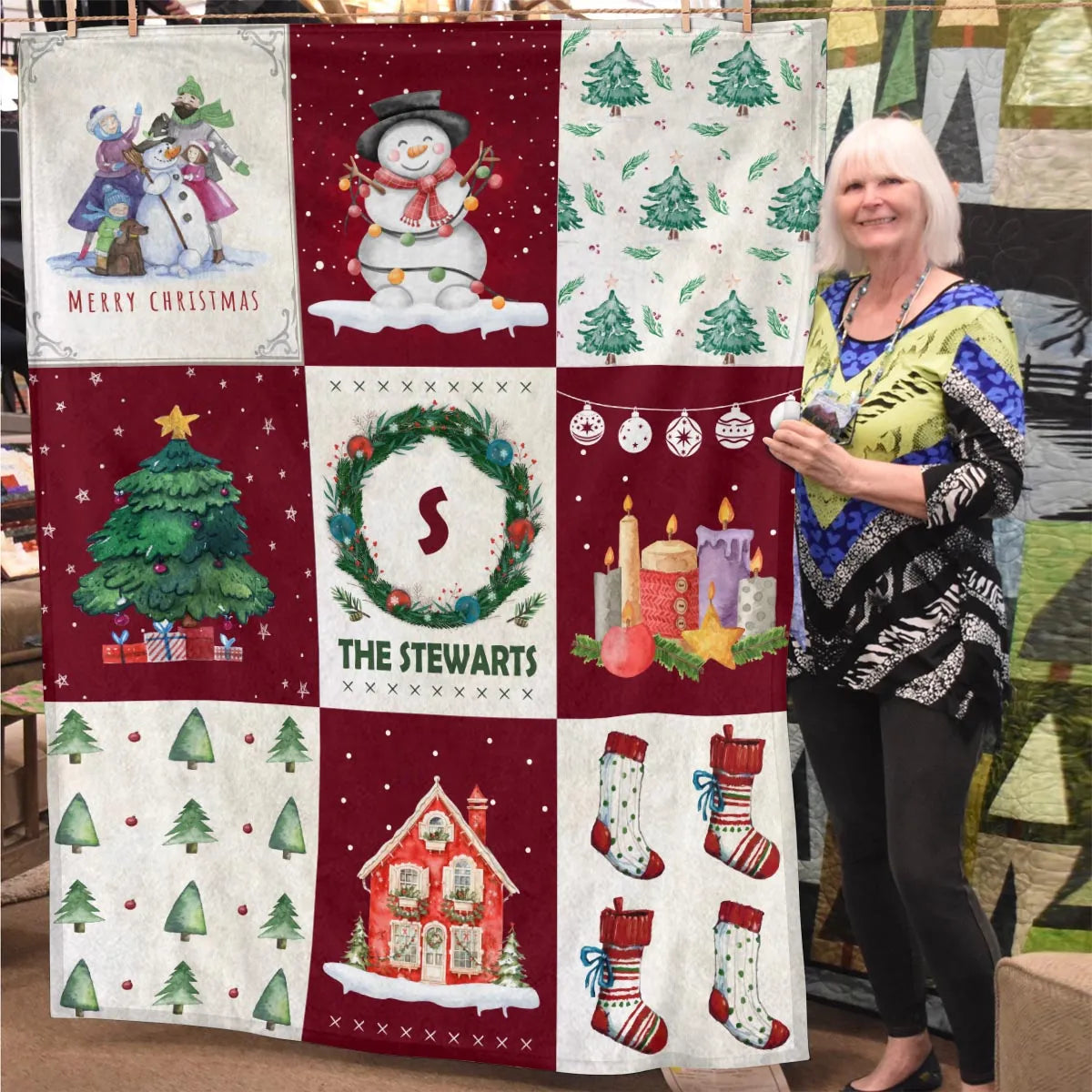 STEWART Christmas Blanket – Personalized Family Name Holiday Quilt Throw 13K1-BK1