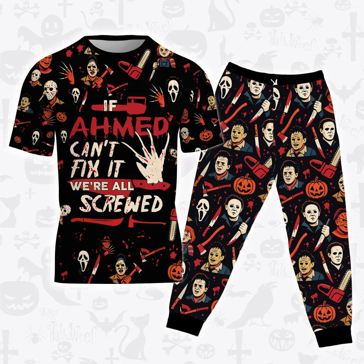 AHMED Horror Halloween Pajama Set Scary T-Shirt & Pants Sleepwear Costume 13K1-HL1