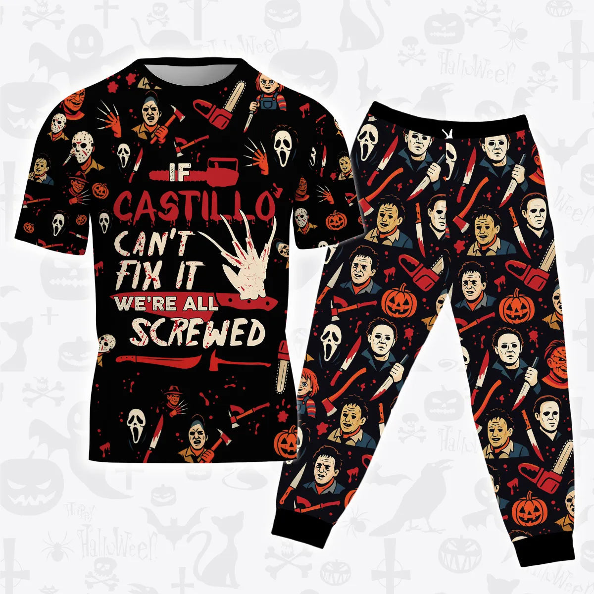 CASTILLO Horror Halloween Pajama Set Scary T-Shirt & Pants Sleepwear Costume 13K1-HL1
