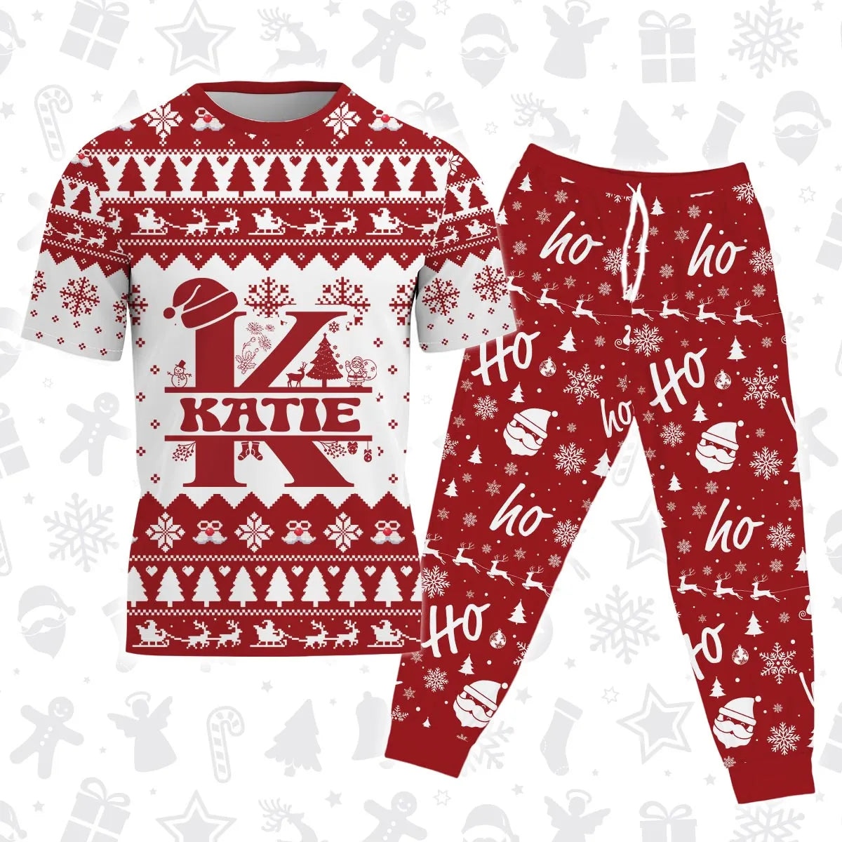KATIE Personalized Christmas T-Shirt Pajama Set - Holiday Gift Outfit 13K1-CR2