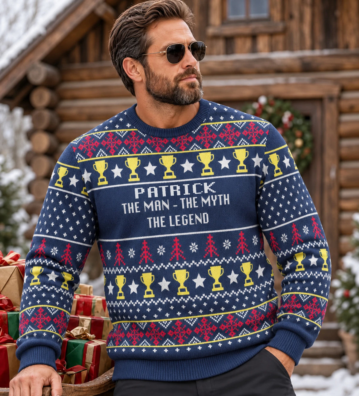 The Man The Myth The Legend Trophy Navy Ugly Sweater PATRICK 13K1 UG05