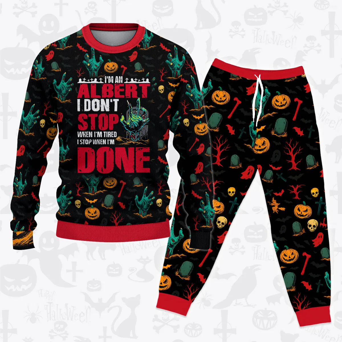 ALBERT Halloween Pajamas Set Sweater & Pants Horror Skull Pumpkin 13K1-HL3