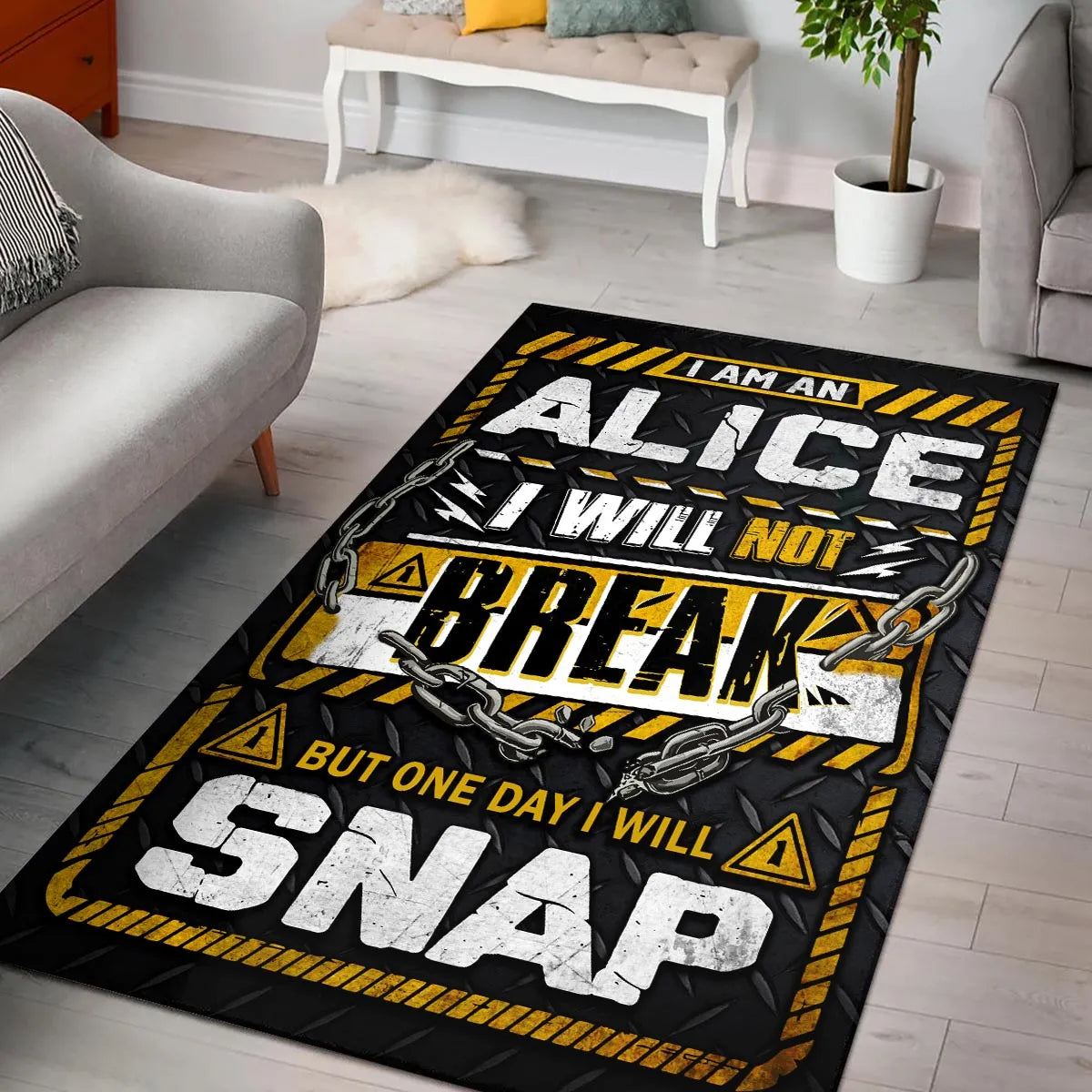 ALICE Motivational Rug – Black & Yellow Quote Carpet for Living Room 13K1-AR1