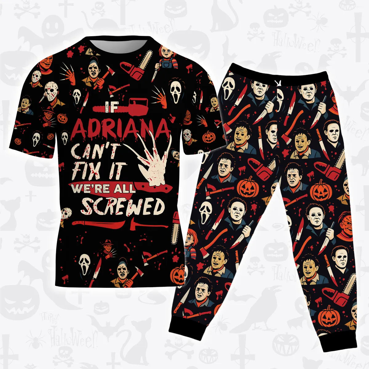 ADRIANA Horror Halloween Pajama Set Scary T-Shirt & Pants Sleepwear Costume 13K1-HL1