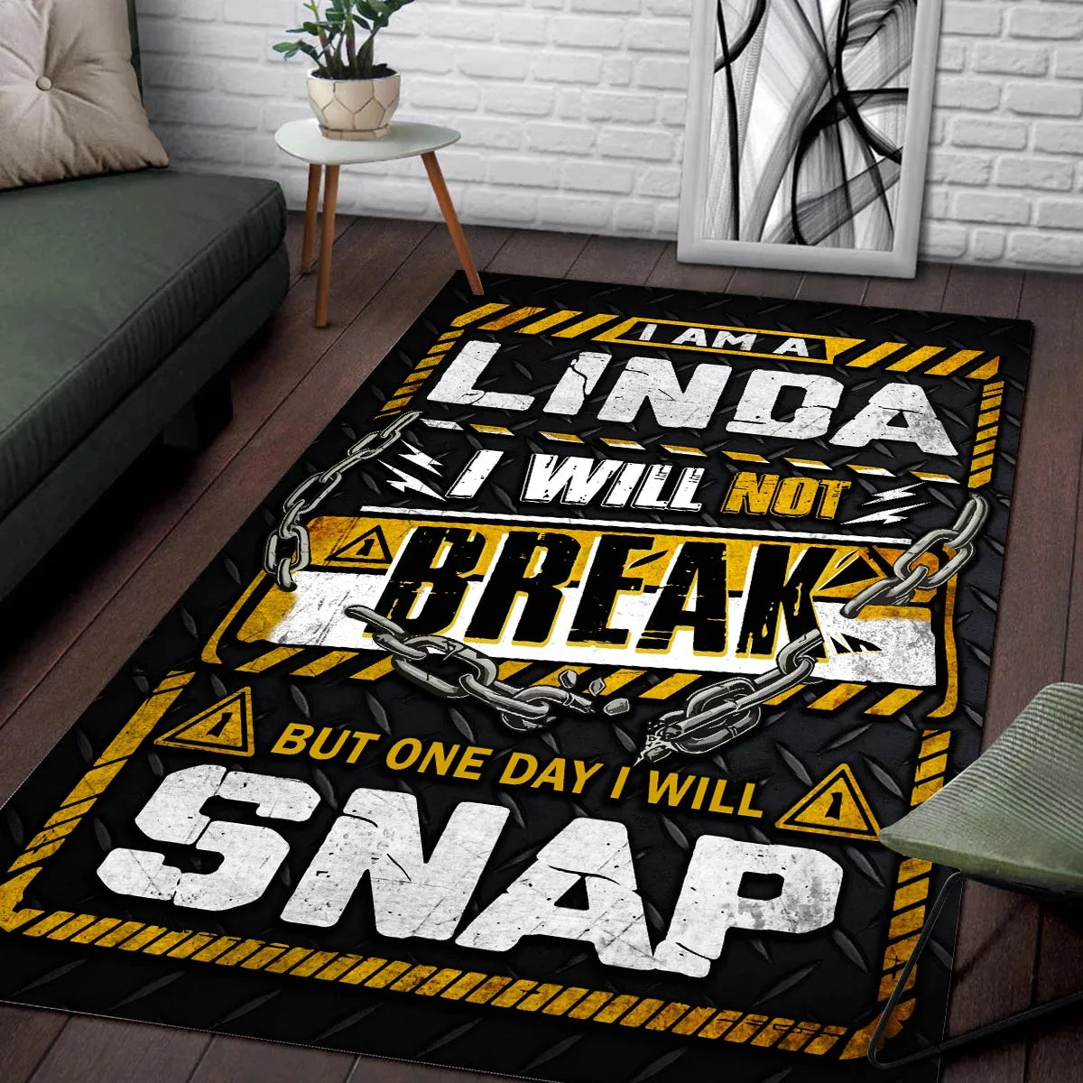 LINDA Motivational Rug – Black & Yellow Quote Carpet for Living Room 13K1-AR1
