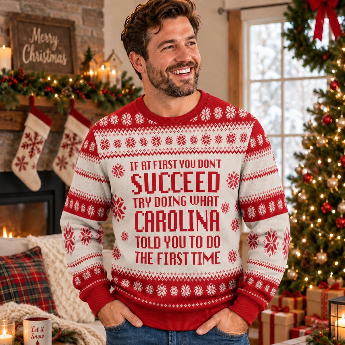 If At First You Don’t Succeed Red Cream Christmas Ugly Sweater CAROLINA 13K1 UG08