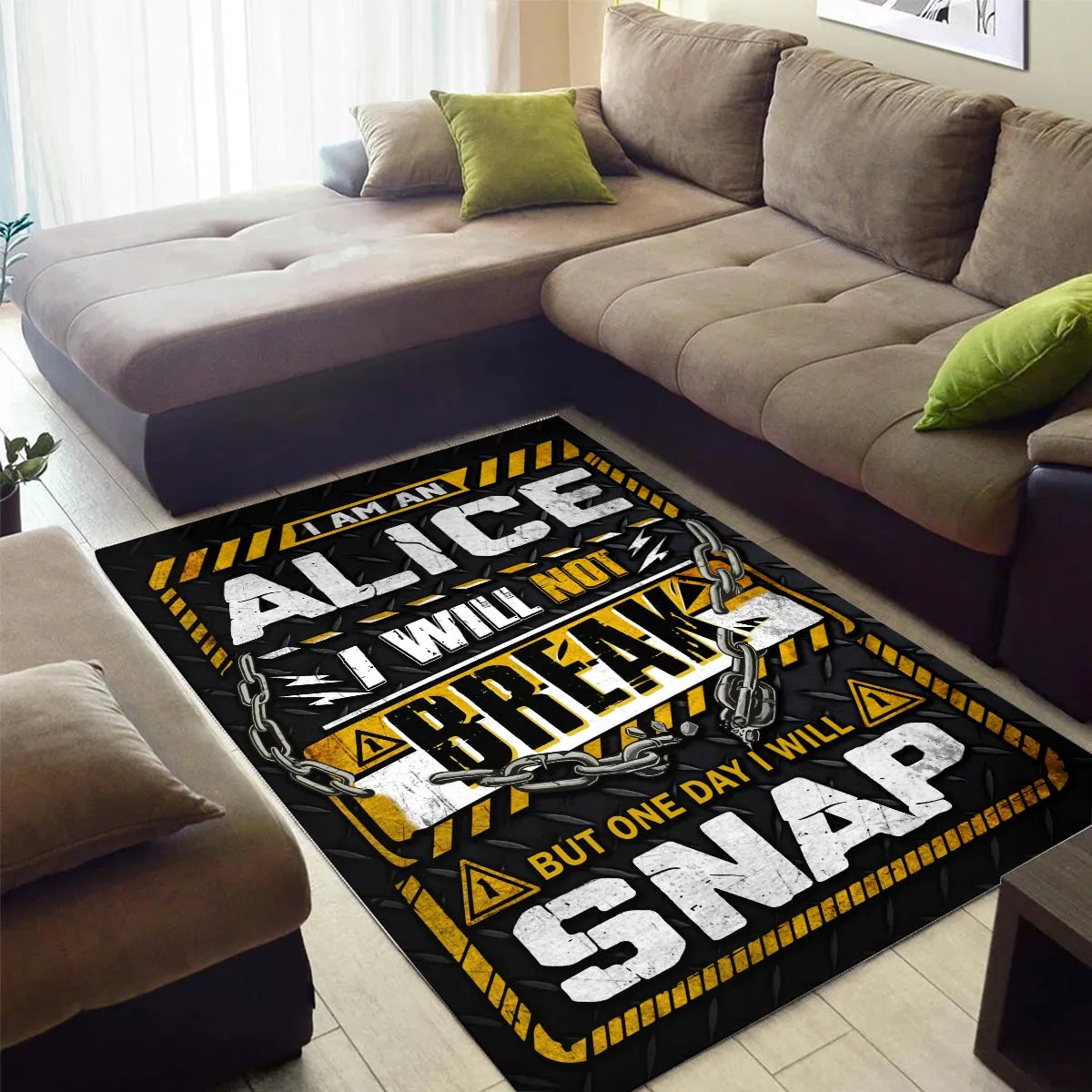 ALICE Motivational Rug – Black & Yellow Quote Carpet for Living Room 13K1-AR1