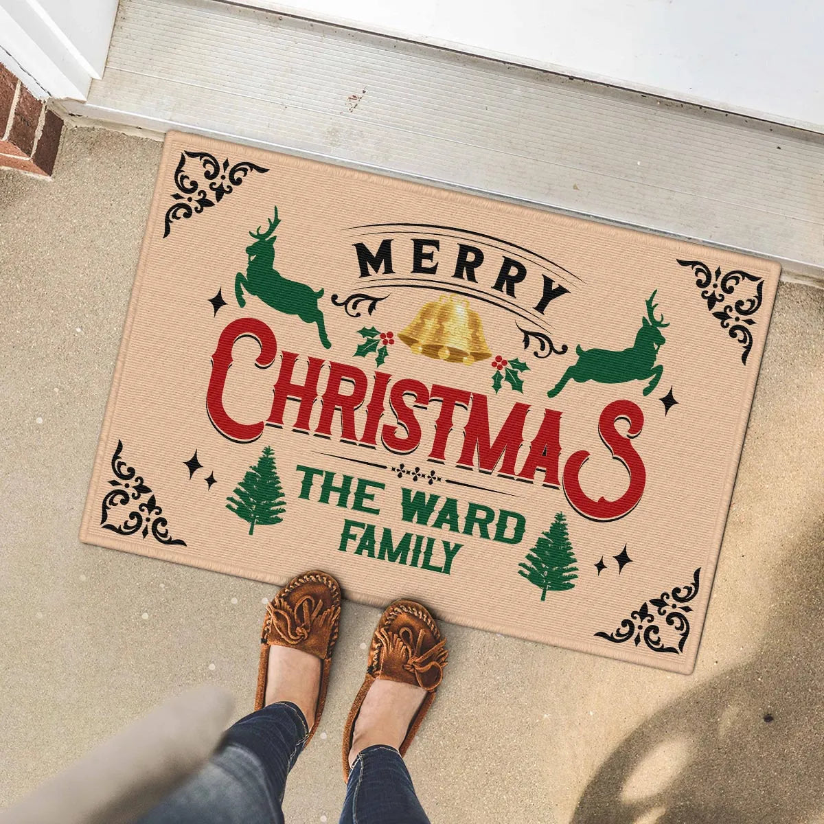 WARD Family Merry Christmas Doormat – Personalized Holiday Welcome Mat