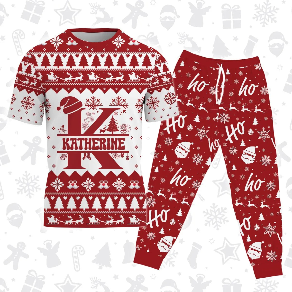 KATHERINE Personalized Christmas T-Shirt Pajama Set - Holiday Gift Outfit 13K1-CR2