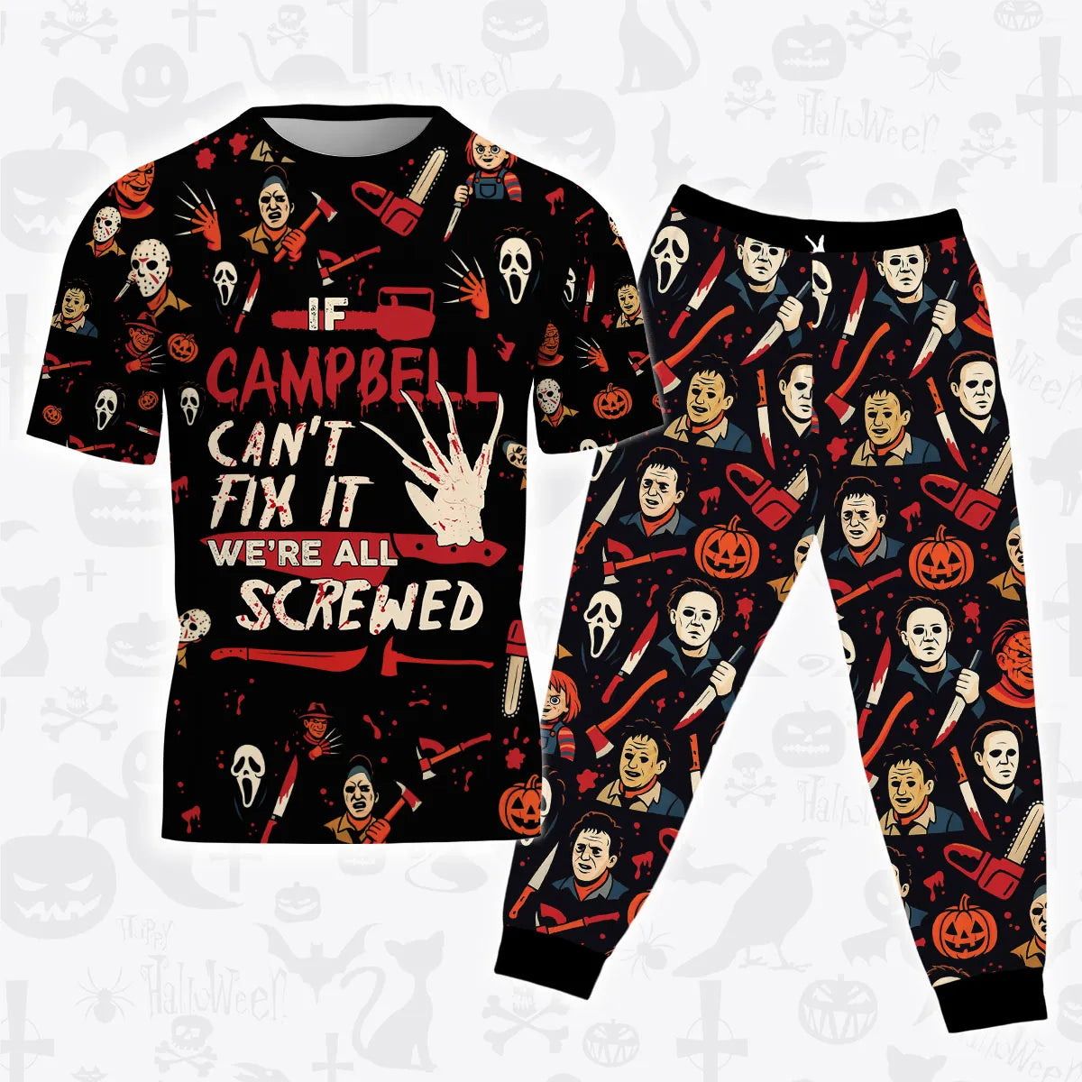 CAMPBELL Horror Halloween Pajama Set Scary T-Shirt & Pants Sleepwear Costume 13K1-HL1