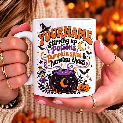 Your Name Strring Up Potions, Pumpkin Spice & Harmless Chaos - Personalized Mug