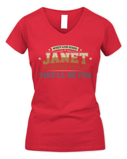 When God Made Your Name Funny Heritage T-Shirt JANET M1-80 / Women's V-Neck T-Shirt / red
