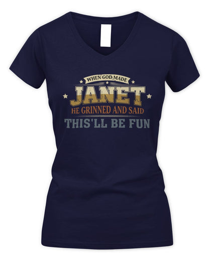 When God Made Your Name Funny Heritage T-Shirt JANET M1-80 / Women's V-Neck T-Shirt / navy