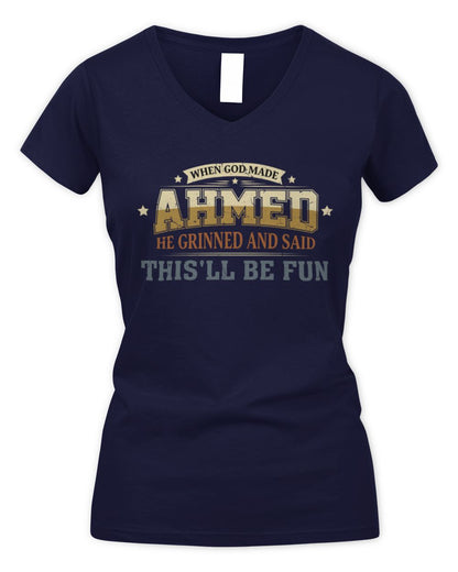 When God Made Your Name Funny Heritage T-Shirt AHMED M1-80 / Women's V-Neck T-Shirt / navy