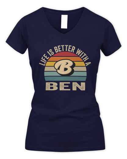 Life Is Better with Name Vintage Sun Shirt BEN M1-50 / Women's V-Neck T-Shirt / navy