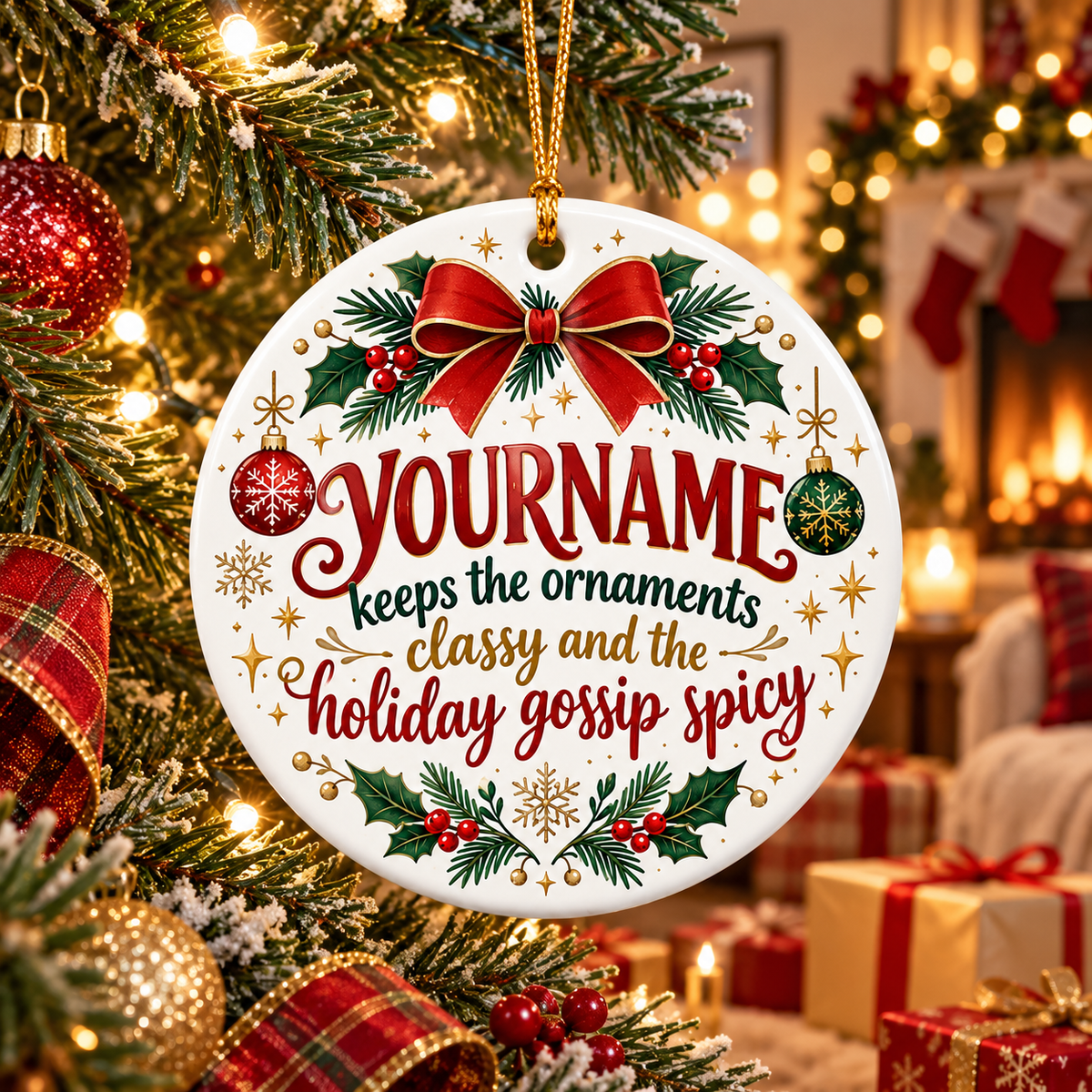 Keeps The Ornaments Classy And The Holiday Gossip Spicy - Personalized Ceramic Ornament
