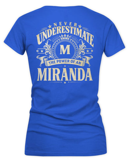 Never Underestimate Your Name Luxury Logo Shirt MIRANDA M1-63 / Women's V-Neck T-Shirt / royal