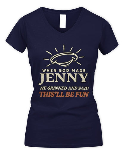 When God Made Your Name Funny Western T-Shirt T-Shirt JENNY M1-S82 / Women's V-Neck T-Shirt / navy