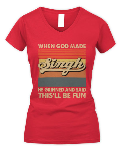 When God Made Your Name He Grinned Vintage T-Shirt SINGH M1-55 / Women's V-Neck T-Shirt / red