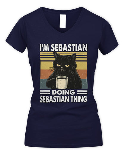 I'm Name Doing Name Thing Grumpy Black Cat Shirt SEBASTIAN M1-79 / Women's V-Neck T-Shirt / navy