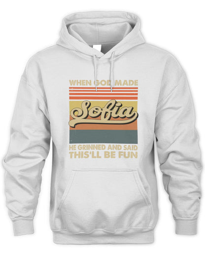 When God Made Your Name He Grinned Vintage T-Shirt SOFIA M1-55 / Unisex Hoodie / white