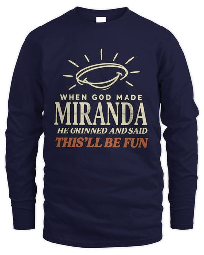 When God Made Your Name Funny Western T-Shirt T-Shirt MIRANDA M1-S82 / Men's Long Sleeved T-Shirt / navy
