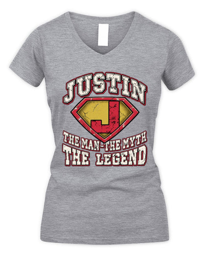The Man The Myth The Legend Superman Graphic T-Shirt JUSTIN M1-74 / Women's V-Neck T-Shirt / sport grey