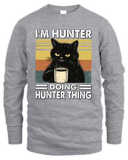 I'm Name Doing Name Thing Grumpy Black Cat Shirt HUNTER M1-79 / Men's Long Sleeved T-Shirt / sport grey