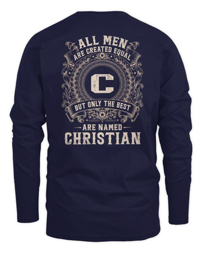 All Men Are Created Equal Cool Logo Shirt CHRISTIAN M1-60 / Men's Long Sleeved T-Shirt / navy