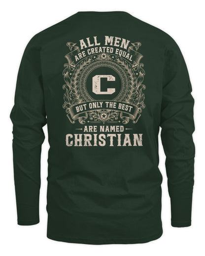 All Men Are Created Equal Cool Logo Shirt CHRISTIAN M1-60 / Men's Long Sleeved T-Shirt / forest green