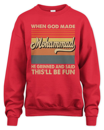 When God Made Your Name He Grinned Vintage T-Shirt MOHAMMAD M1-55 / Unisex Sweatshirt / red