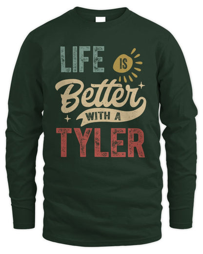 Life Is Better With a Name Personalized Retro T-Shirt TYLER-48 / Men's Long Sleeved T-Shirt / forest green