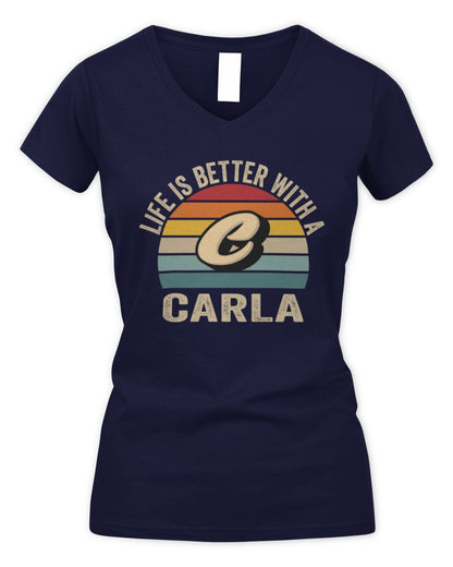 Life Is Better with Name Vintage Sun Shirt CARLA M1-50 / Women's V-Neck T-Shirt / navy
