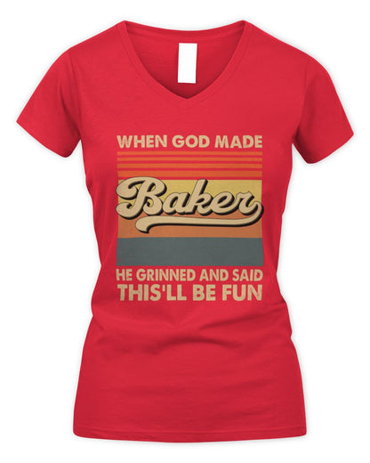 When God Made Your Name He Grinned Vintage T-Shirt BAKER M1-55 / Women's V-Neck T-Shirt / red
