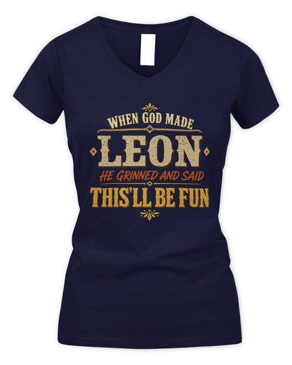 When God Made Your Name Funny Western T-Shirt LEON M1-81 / Women's V-Neck T-Shirt / navy