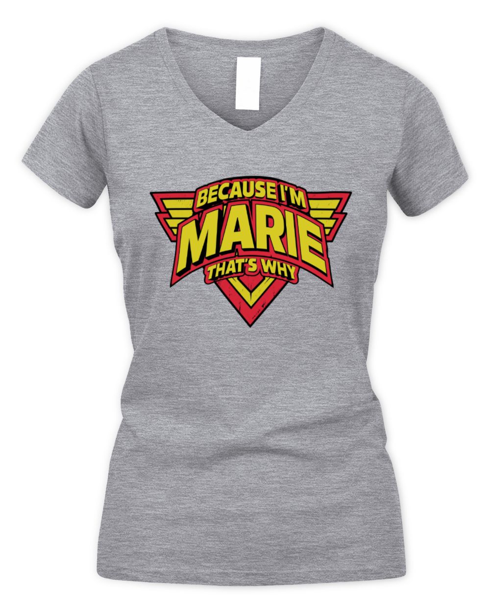 Because I'm Name That's Why Red and Yellow Logo Graphic T-Shirt MARIE M1-75 / Women's V-Neck T-Shirt / sport grey