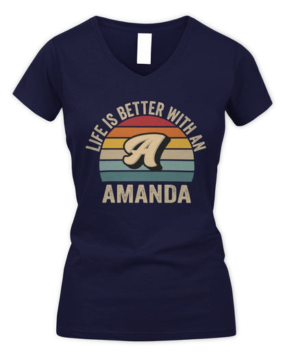 Life Is Better with Name Vintage Sun Shirt AMANDA M1-50 / Women's V-Neck T-Shirt / navy