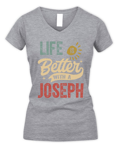 Life Is Better With a Name Personalized Retro T-Shirt JOSEPH-48 / Women's V-Neck T-Shirt / sport grey